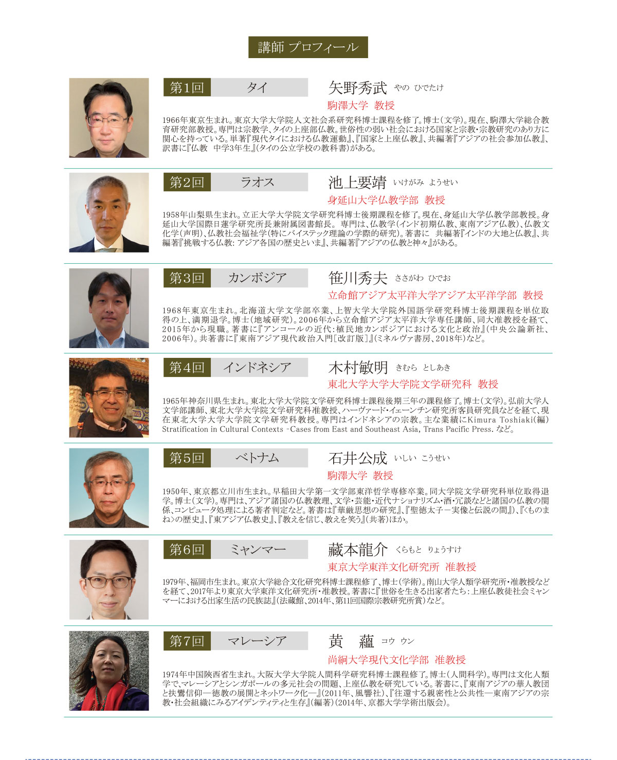 連続仏教講座 世界の仏教を学ぶ PART2 講師 プロフィール/矢野秀武/池上要靖/笹川秀夫/木村敏明/石井公成/藏本龍介/黄　蘊 ｜ 公益財団法人仏教伝道協会　Society for the Promotion of Buddhism