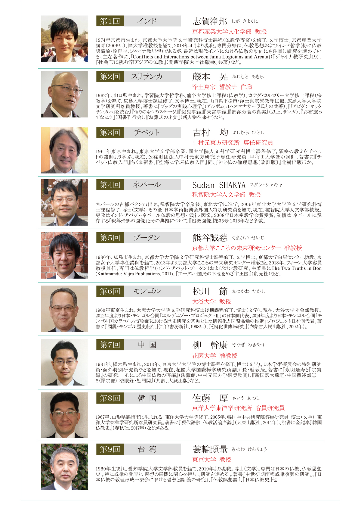 第1回 インド 志賀 浄邦 / 第2回 スリランカ 藤本 晃 / 第3回 チベット 吉村 均 / 第4回 ネパール Sudan SHAKYA / 第5回 ブータン 熊谷 誠慈 / 第6回 モンゴル 松川 節 / 第7回 中国 柳 幹康 / 第8回 韓国 佐藤 厚 / 第9回 台湾 箕輪 顕量 / | 公益財団法人仏教伝道協会　Society for the Promotion of Buddhism